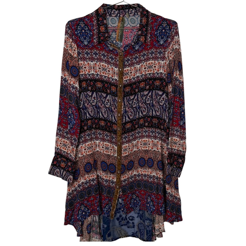 Aratta Silent Journey Boho Paisley Mixed Print Velvet Anthro Tunic Shirt Medium